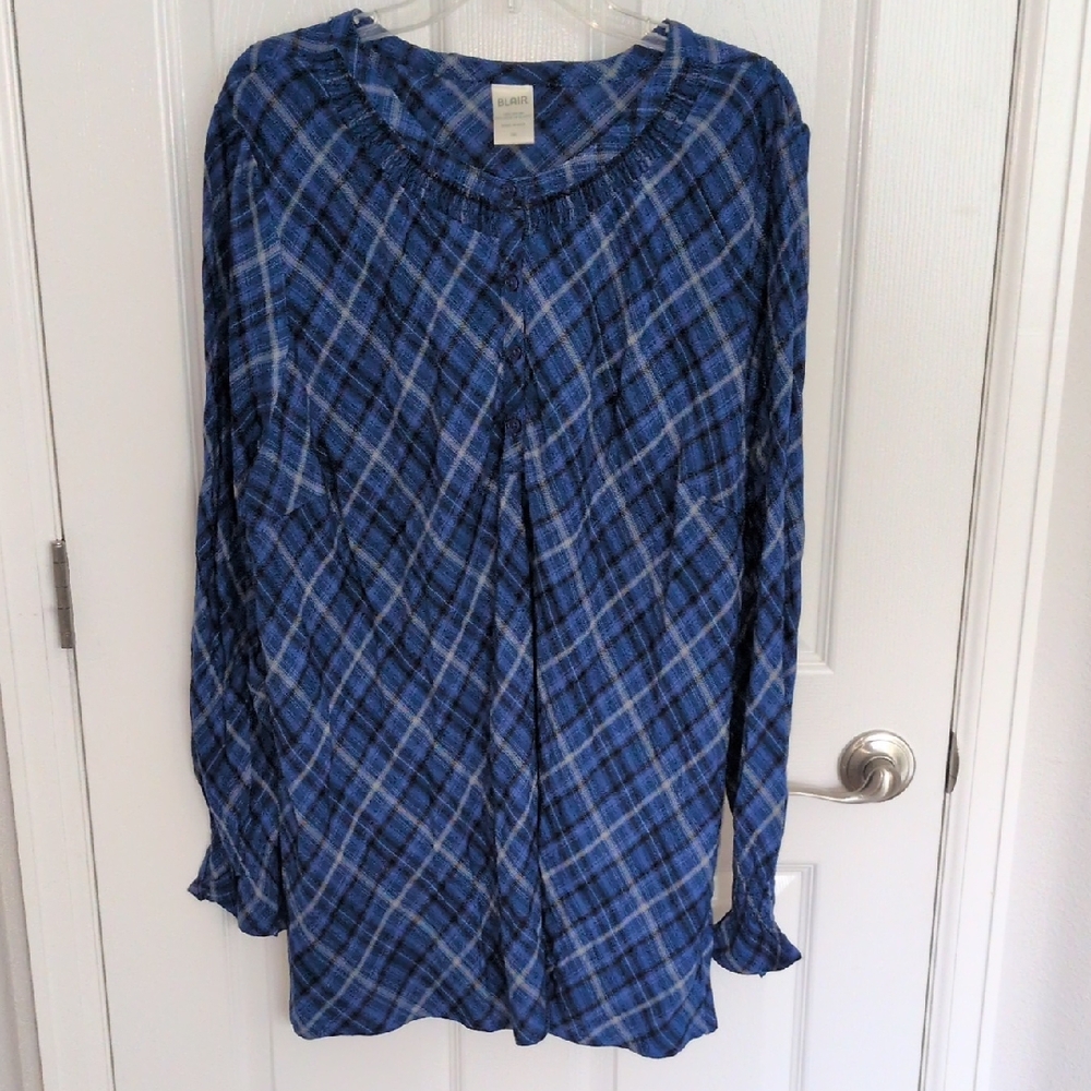 NWOT Blair Blue & Black Plaid Long Sleeve Blouse - 3X
